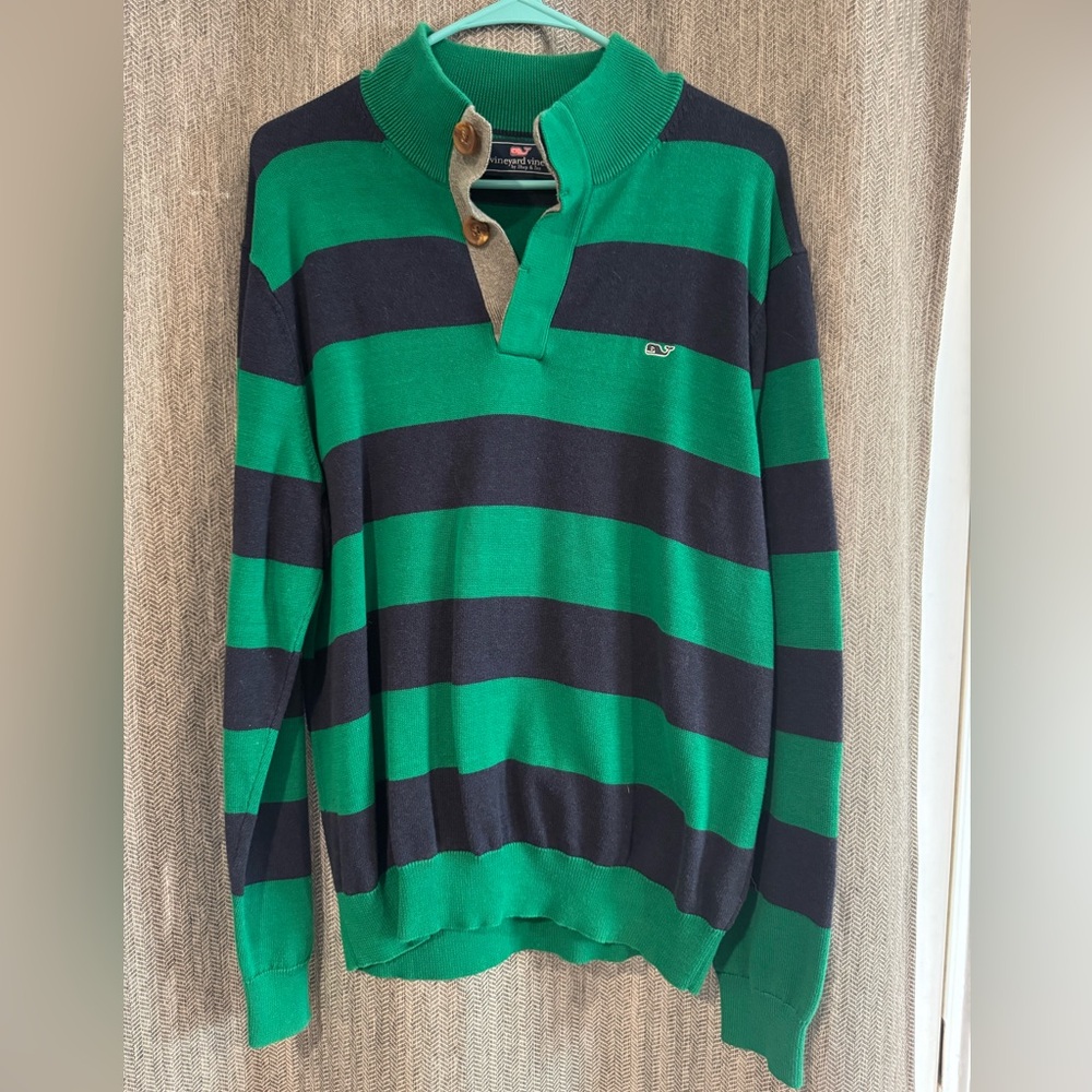 Vineyard Vines Green and Navy Striped Men's Sweater